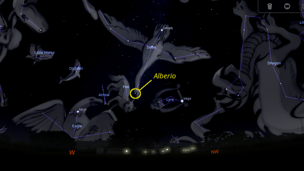 A star map of the Western sky shows constellation Cygnus, the Swan, with the star Albireo circled at the head of the Swan.