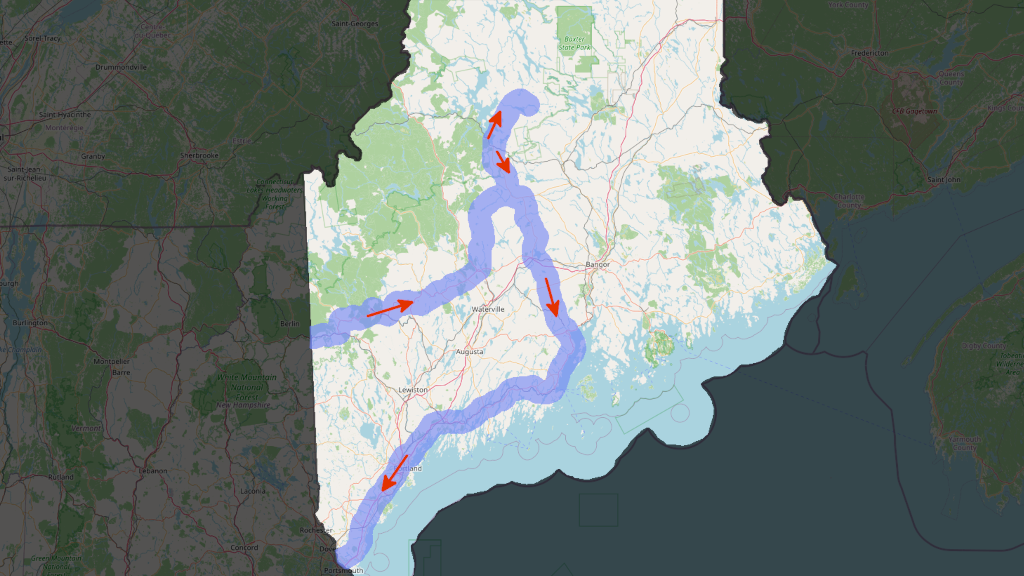 A map of Maine showing the route as a blue line from Gorham, NH, east and north to Moosehead Lake, south to coastal US 1, and I95 back to Portsmouth, NH.