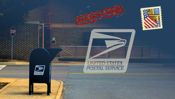 USPS mail dropbox on a street corner curb. Floating in the foreground are images of a red "Return to Sender" marking, and a 32 cent US postage stamp.