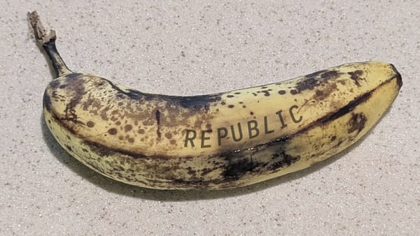 An over-ripe banana, with the word "REPUBLIC" on it.